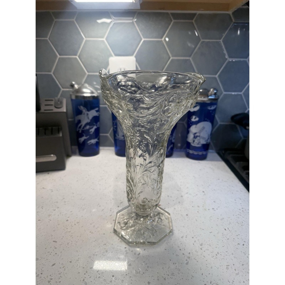 McKee Rock Crystal Clear 11" Footed Square Top Vase  EAPG Depression Glass